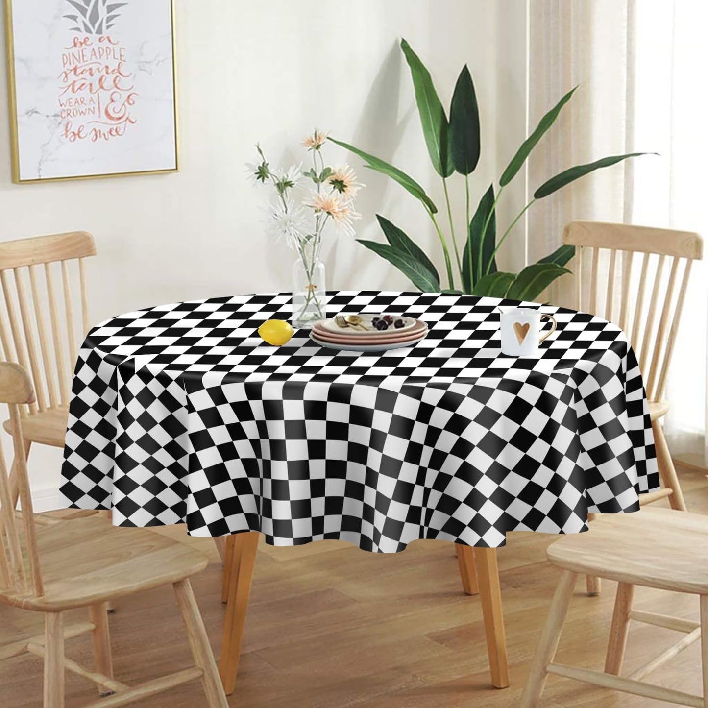 QIKSION Black and White Gingham Round Tablecloth 12 Pack, 84 Inch Plastic Checkered Table Cover Disposable for Parties