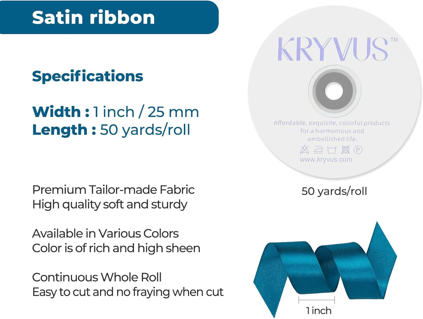 Turquoise Satin Ribbon 1 inch X Continuous 50 Yards, Single Face Polyester Ribbon Perfect for Gift Wrapping, Flower Bouquet, Wedding Decor, Crafts, Bow Making, Sewing and More