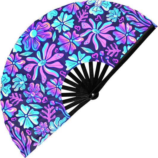 GloFX UV Glow Flower Fantasy Rave Fan - Vibrant Pink, Blue, and Purple Design - Large Folding Hand Held Fan for Festival Fashion & Festival Outfits for Women