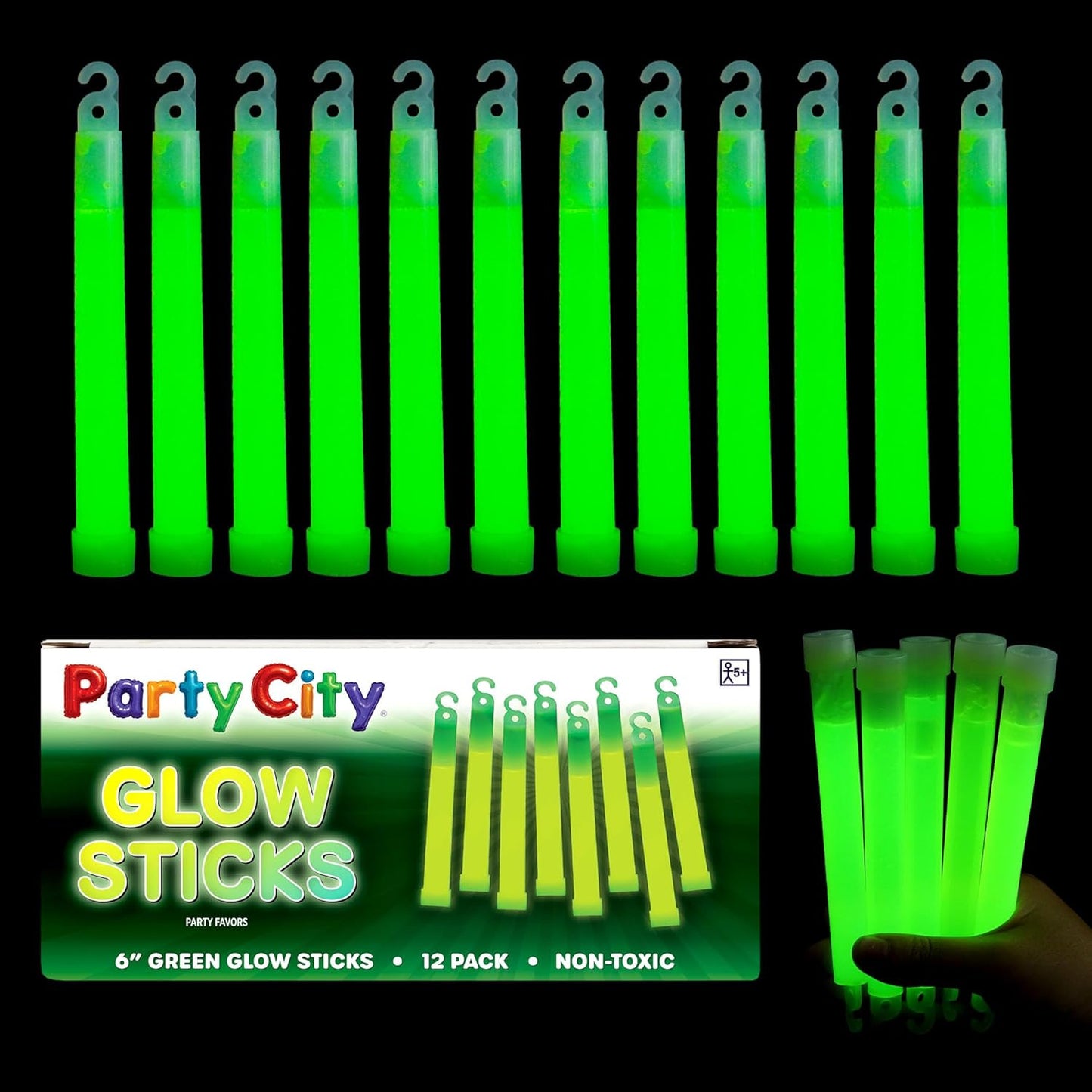 Party City Green Glow Sticks Bulk Pack 6”- 12pk Glow in the Dark Sticks for Kids, Waterproof Camping Survival Ultra Bright Emergency Light Stick with String, Neon Glowsticks Party Supplies Favors
