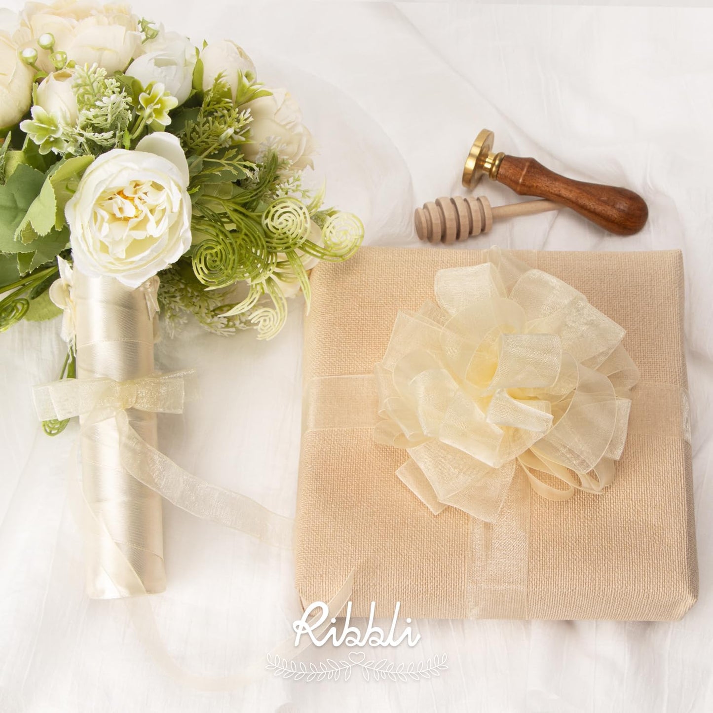 Ribbli Cream Organza Ribbon,1 Inches x Continuous 50 Yard, Cream Sheer Ribbon for Gift Wrapping,Cookie Wrapping,Wedding Decoration,All Crafting and Sewing