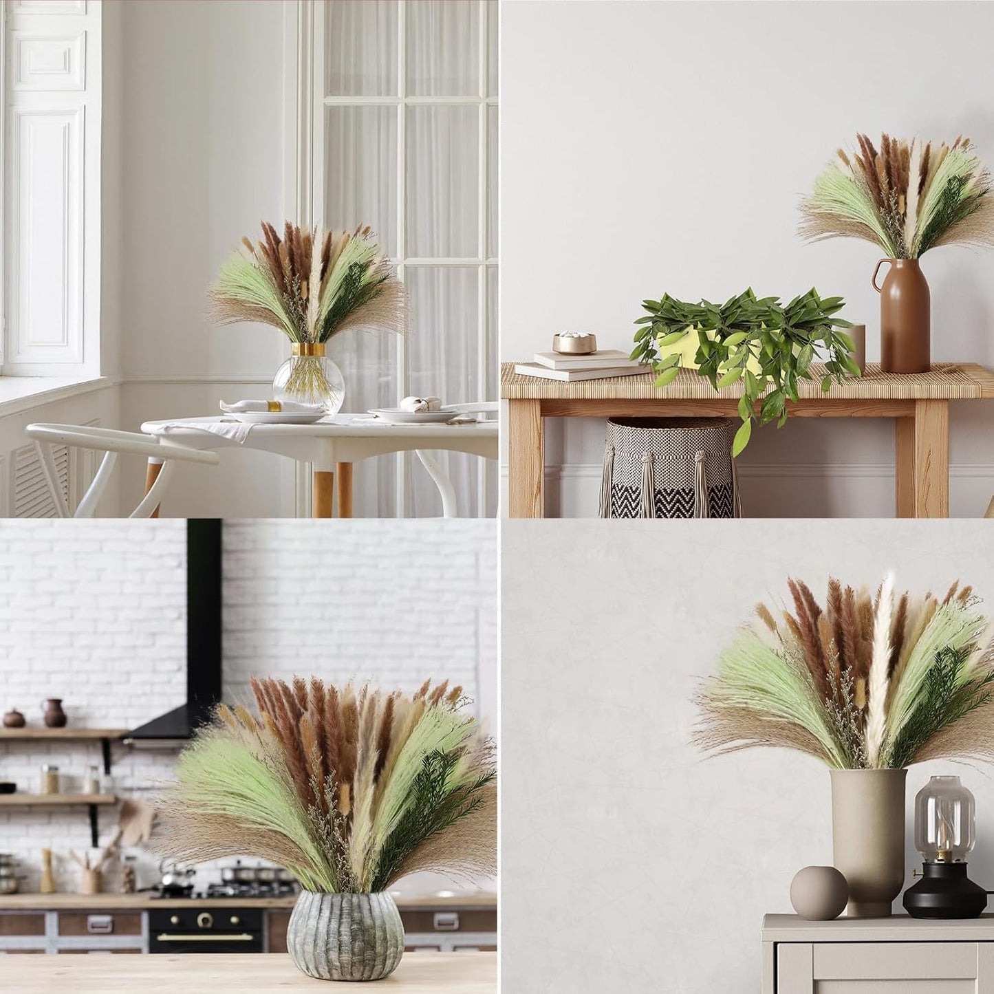 N&T NIETING 85 Pcs Green Dried Pampas Grass-White Pompas Grass, Brown Pampass Grass, Green Pompas, Reed Grass, Valentine Grass, Bunny Tails Dried Fowers for Home Wedding Boho Decor(18 Inch)