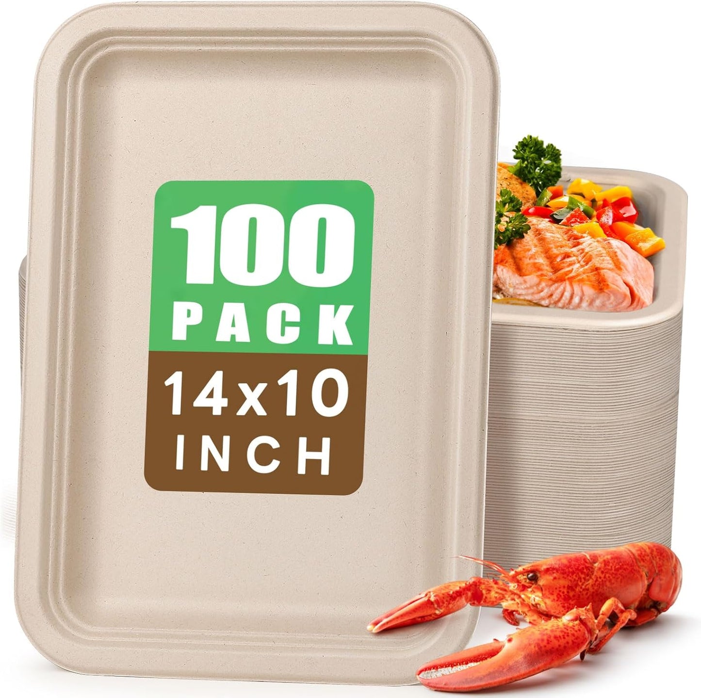 Gezond 100 Pack 14 Inch Disposable Food Trays Eco-Friendly Heavy-Duty Large Paper Plates Compostable Sugarcane Platters for Crawfish, BBQ, Seafood Boil Party Supplies Natural