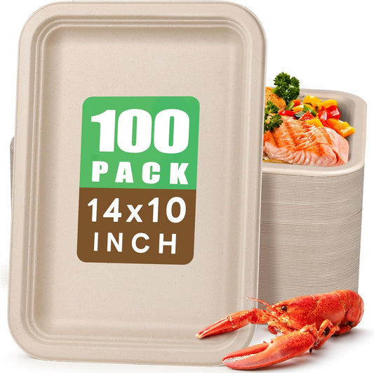 Gezond 100 Pack 14 Inch Disposable Food Trays Eco-Friendly Heavy-Duty Large Paper Plates Compostable Sugarcane Platters for Crawfish, BBQ, Seafood Boil Party Supplies Natural