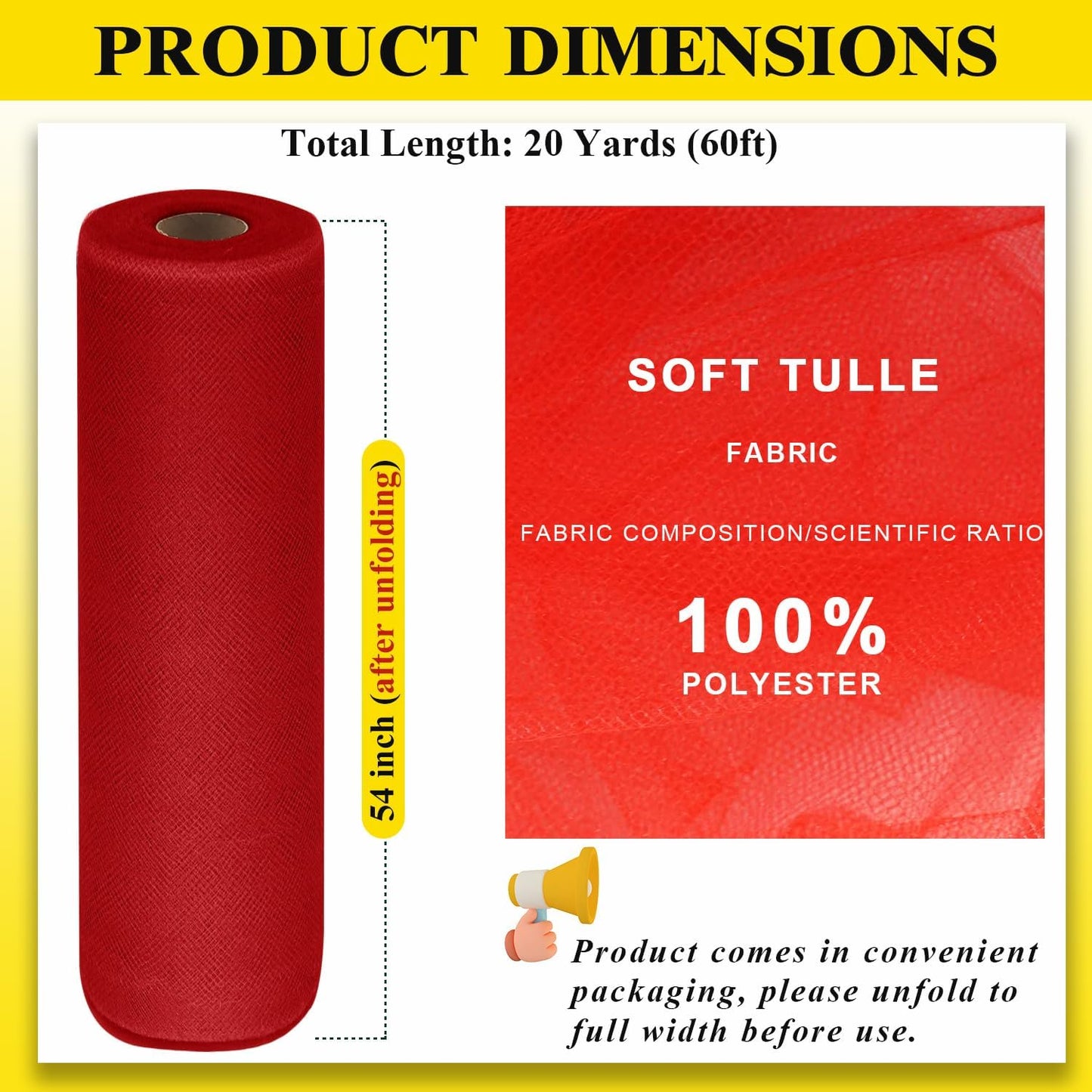 54" by 20 Yards Red Tulle Fabric Rolls - Tutu Spool Bolt for DIY Wedding Decoration, Baby Shower Tutu Skirt, Gift Wrapping - Large Matte Tulle, Roll Packaging