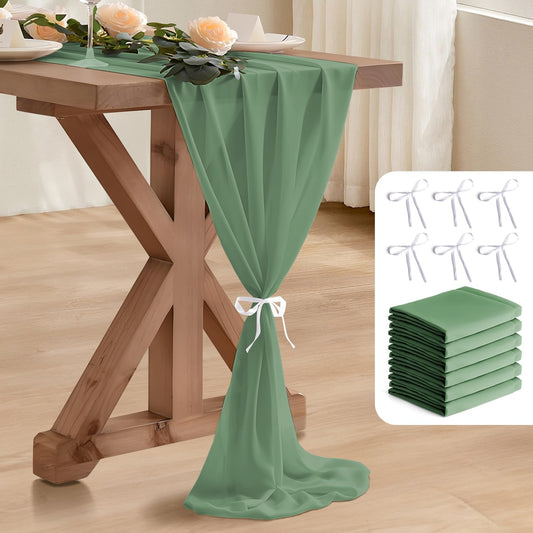2 Pack 10 Ft Chiffon Table Runner Sage Green Gauze Long Table Runners 27x120 Inches Sheer Tulle Table Runner for Rustic Wedding Reception Bridal Shower Decorations Birthday Party