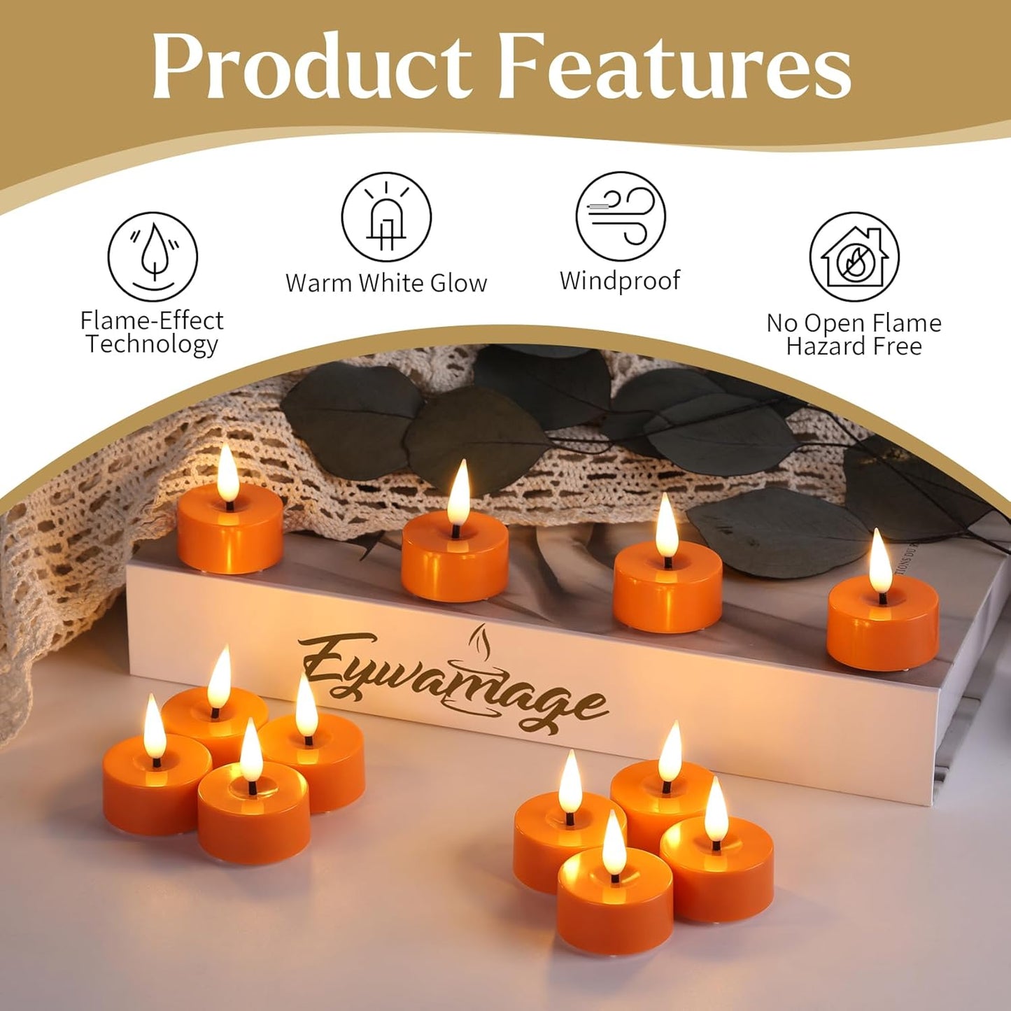 Eywamage Orange LED Tealights with Remote Batteries, Flickering Fall Halloween Flameless Tea Lights Votive Candles Set of 12