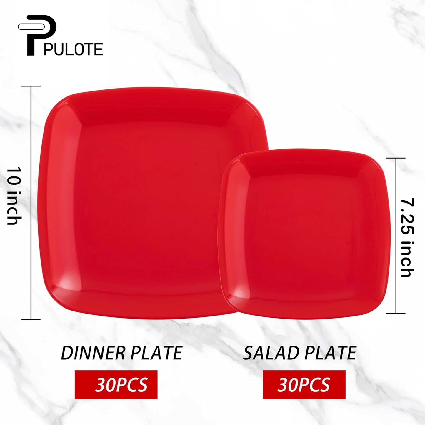 PULOTE 60PCS Red Square Plastic Plates - Red Christmas Disposable for Party Include 30 Dinner and 30 Dessert Plates for 30 Guests