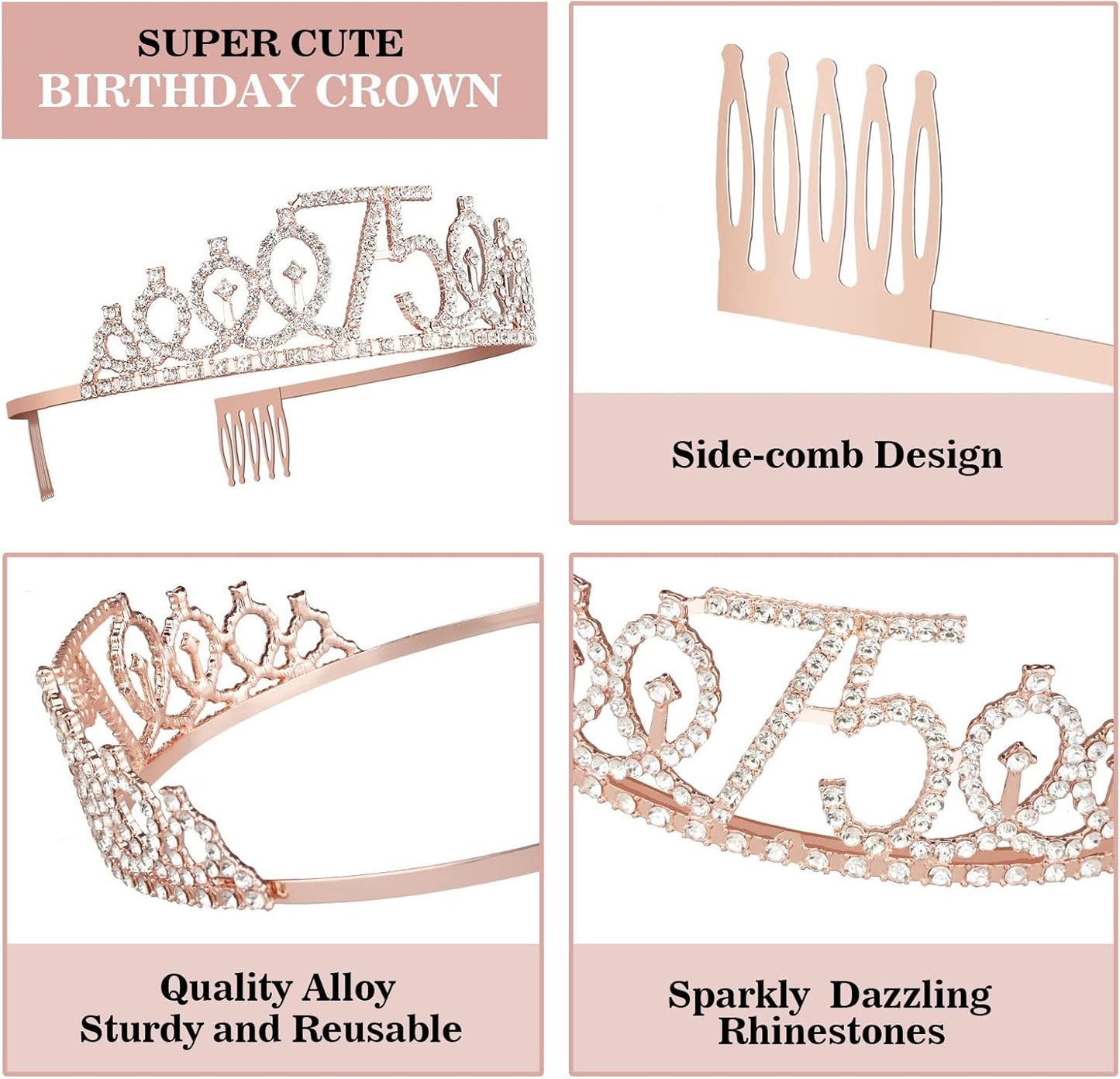 75th Birthday Decorations for Women Including Sash, Crown/Tiara, Candles and Cake Topper, Rose Gold 75 Birthday Gifts Party Favor Supplies