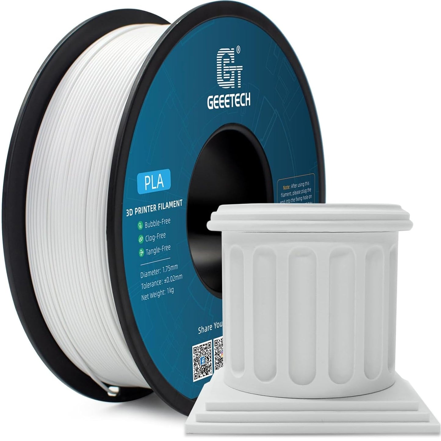 Geeetech 1.75mm PLA 3D Printer Filament, 1kg Spool (2.2lbs), Upgrade Tidy Winding Tangle-Free, Dimensional Accuracy +/- 0.02 mm, White
