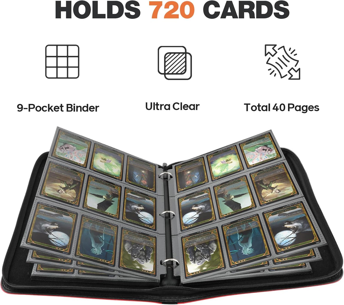 Dragon Design 9 Pocket Card Binder – Premium Trading Card Album Holds 720 Cards, PU Leather Zipper Case with 3-Ring Removable Pages – Perfect for MTG, TCG, Sports Cards, Gift for Collectors