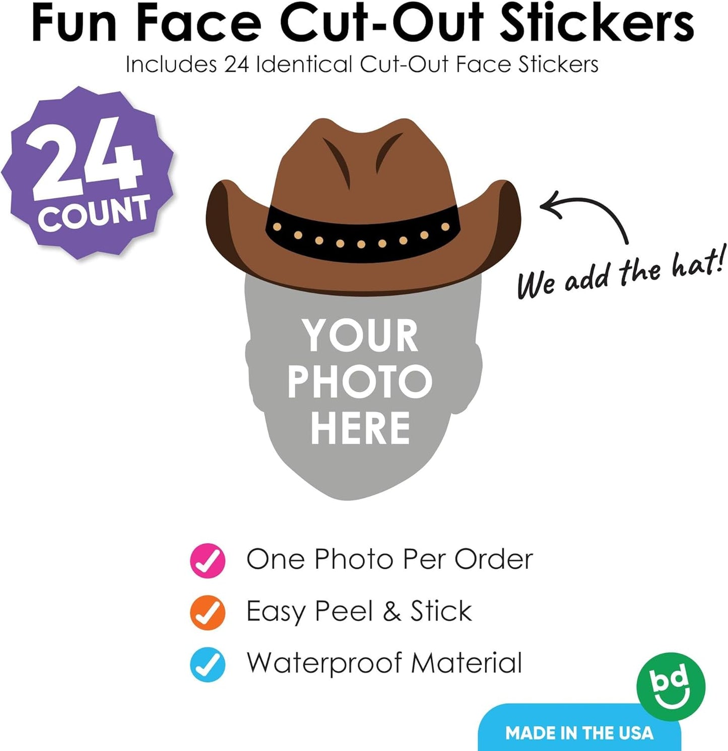 Big Dot of Happiness Custom Photo Western Hoedown - Wild West Cowboy Party Favors - Fun Face Cut-Out Stickers - Set of 24