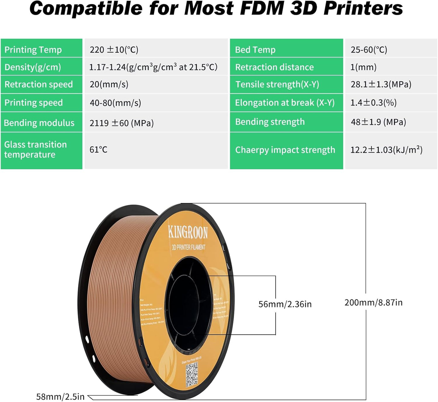 Kingroon PLA Filament 1.75mm 3D Printer Filament Brown Pla Filament 1kg Filament Dimensional Accuracy +/- 0.02mm, Fit Most FDM Printer,Brown