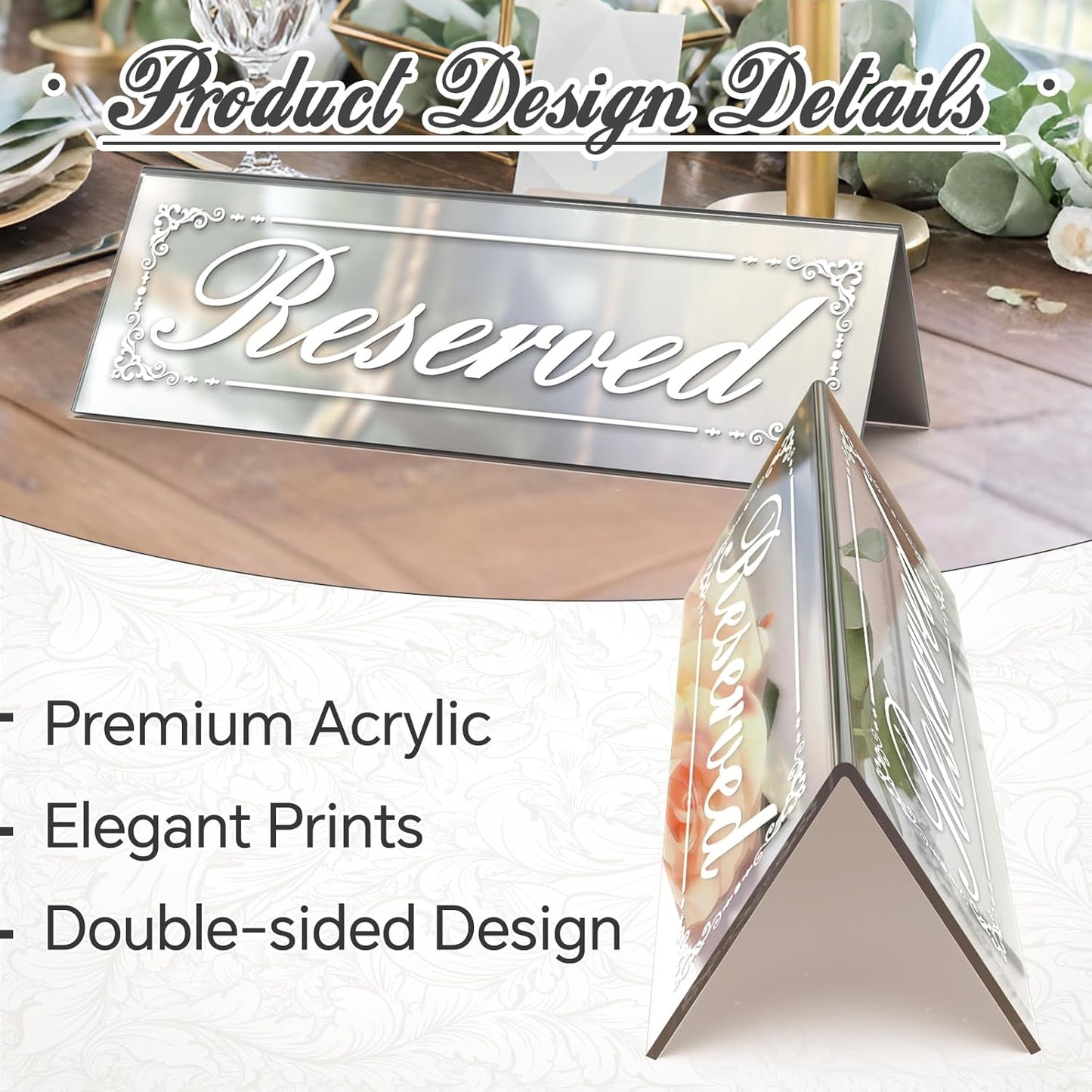 12 Pcs 6" x 2" Silver Reserved Table Signs, Mirrored Double Sided Table Tent Signs with Suede Cloth, Reservation Seat Indicators for Wedding Restaurant Party