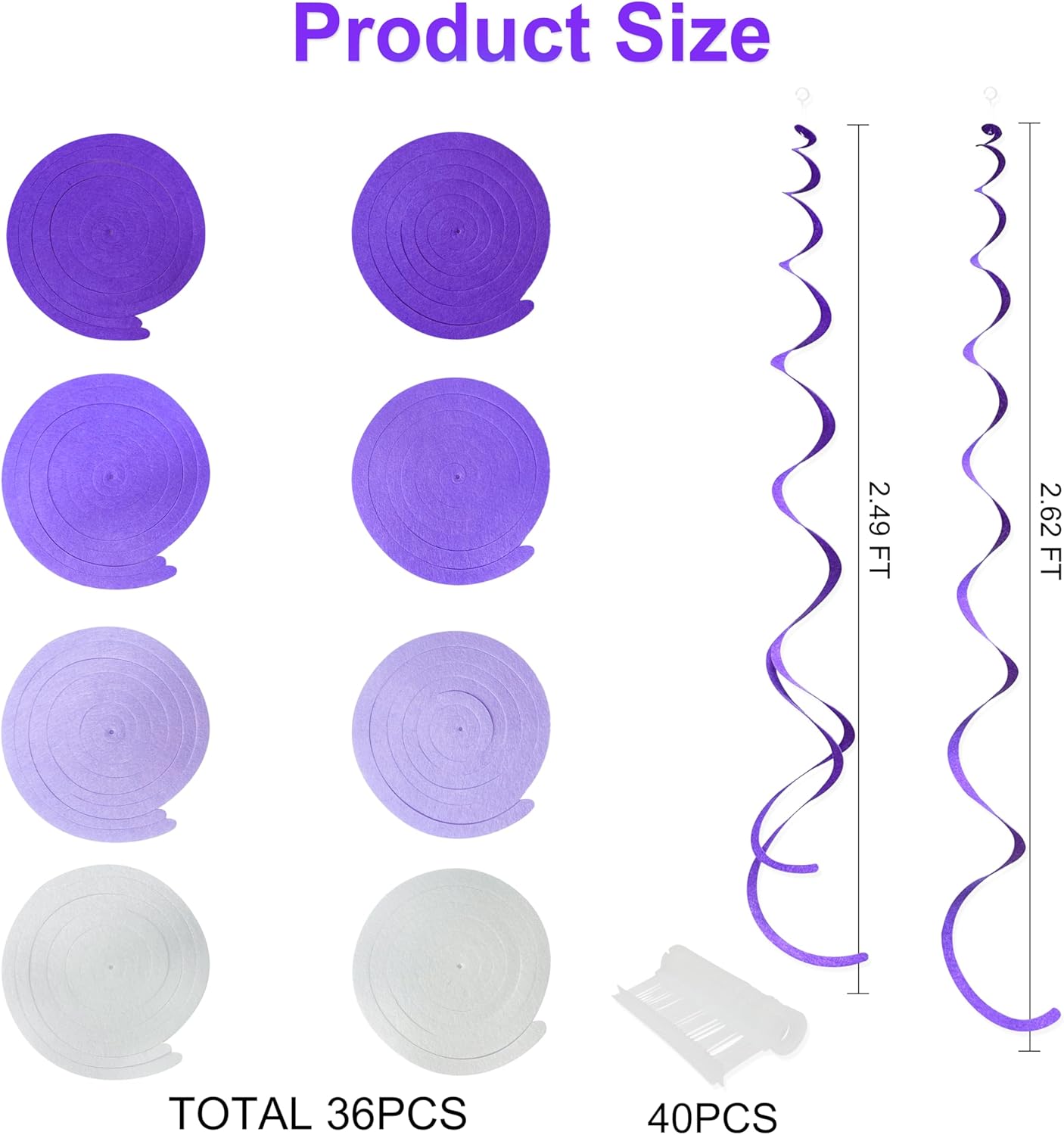 36Pcs Purple Hanging Swirl Decorations Ombre Purple Felt Swirl Streamer Spiral Ceiling Garland for Lavender Lilac Violet Birthday Wedding Bachelorette Baby Shower Graduation Holiday Hen Party Supplies