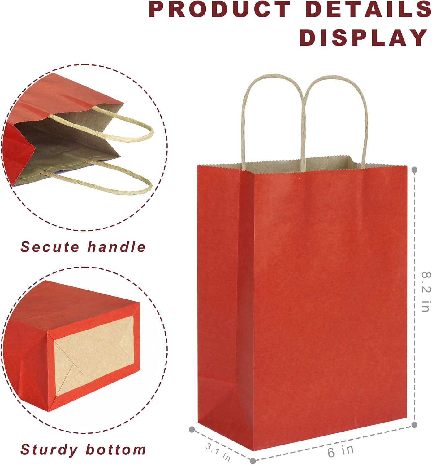 25 PCS Small Dark Red Gift Bags Kraft Paper Bags with Handles for Party Favor (8.2 x 6 x 3.1 in)