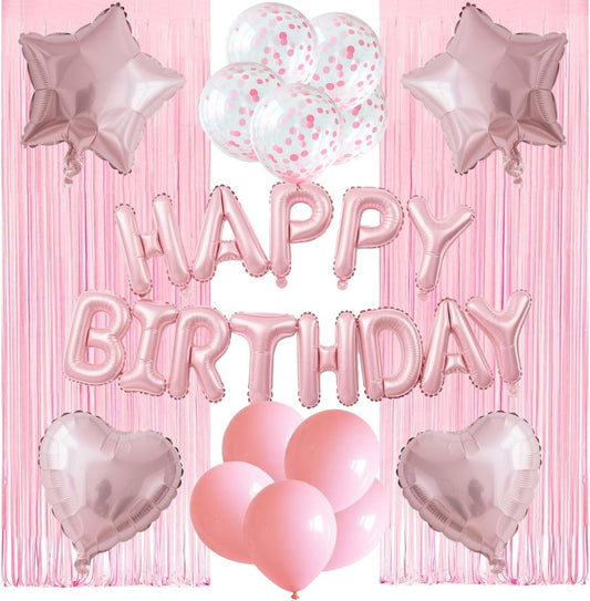 29 Pcs Pink Birthday Party Decorations - Happy Birthday Balloons Banner Baby Pink, Heart & Star Foil Balloons, Confetti & Latex Balloons, Foil Fringe Curtains Party Supplies for Girls