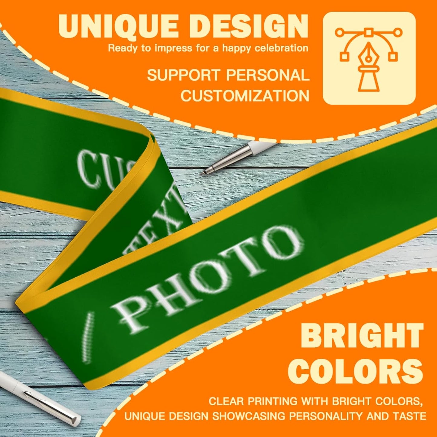 Custom Sash,Personalized Birthday Sash with Text Photo,Customized Bachelorette Sash Quote Sash Bride to Be Sash Color Optional (With decorative edge, Green)