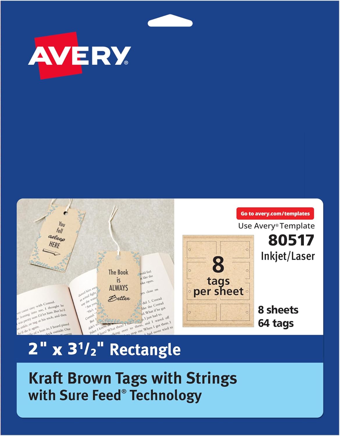 Avery Kraft Brown Rectangle Tags, Sure Feed Technology, 2" x 3.5", Laser/Inkjet Printable, 64 Total, Strings Included, Also Great for Gifts and Favors (80517)