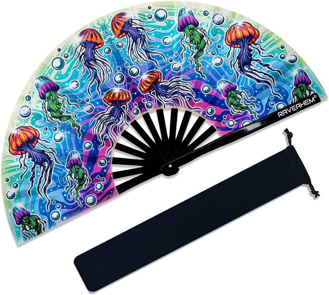13" Large Rave Fan Bamboo, Folding Clack Hand Fans Foldable for Men Women, Boots on the Ground Poping Fan for EDM Festival Line Dance Decoration, (Jellyfish, Large 13")