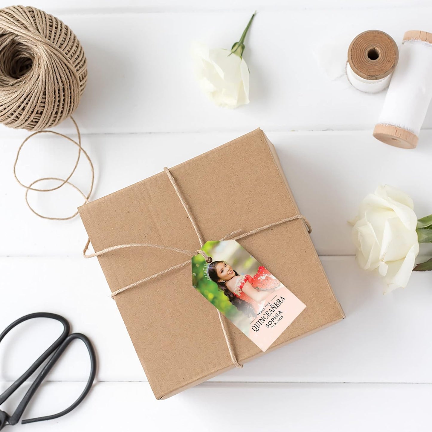 Andaz Press 40-Pack Personalized Quinceañera Favor Tags with String, Classic Thank You Gift Tags with Custom Photo for Quince Años, XV, 15th Birthday, Favor Gifts, Quinceanera Decorations