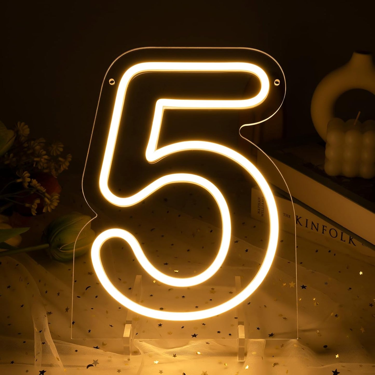 Number 5 LED Neon Sign Backdrop Birthday Party Decoration, 11.3" Height Warm White Marquee Number Five Light Up Sign for Wedding Anniversary Window Wall Table, Indoor Battery Operated or USB