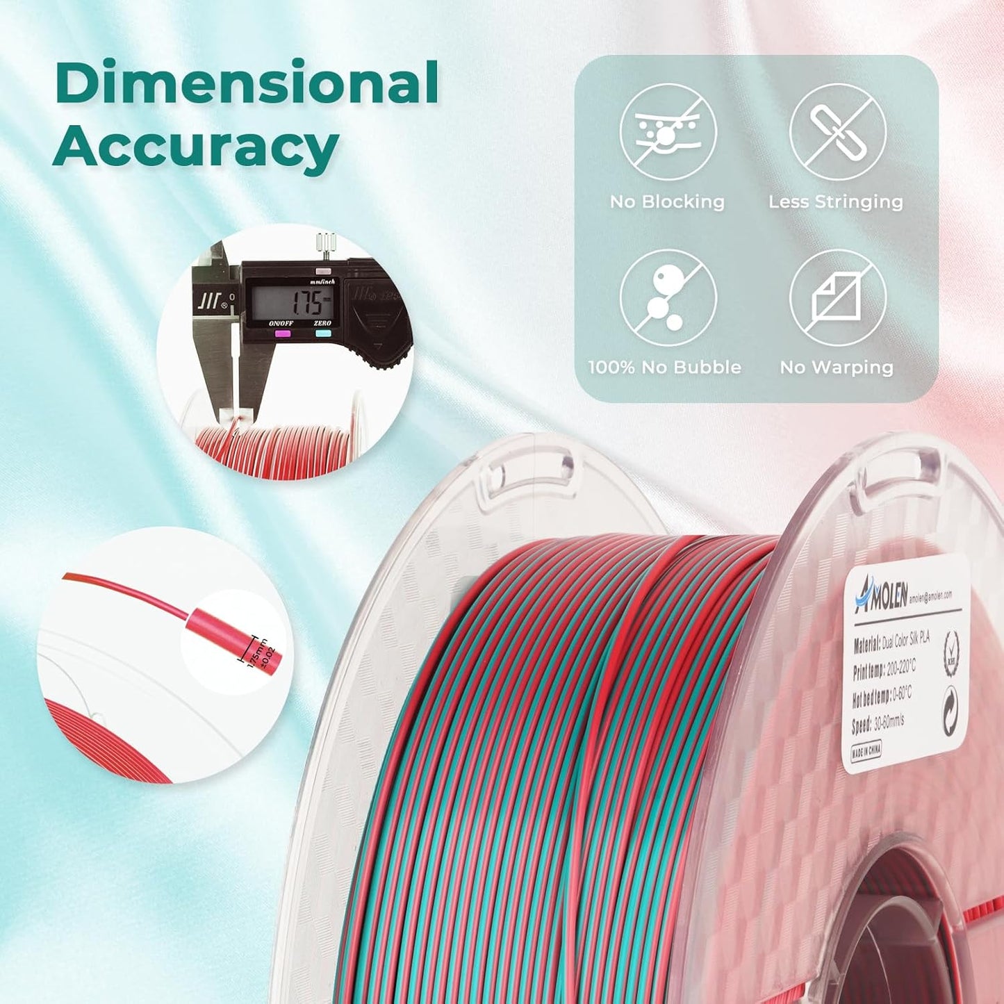 AMOLEN Silk PLA 3D Printer Filament, Dual Color Blue Green & Silk Coral PLA 1.75mm, Shiny Color Change Filament 3D Printing PLA Filament for Most FDM 3D Printer, 1kg Spool(2.2lbs)