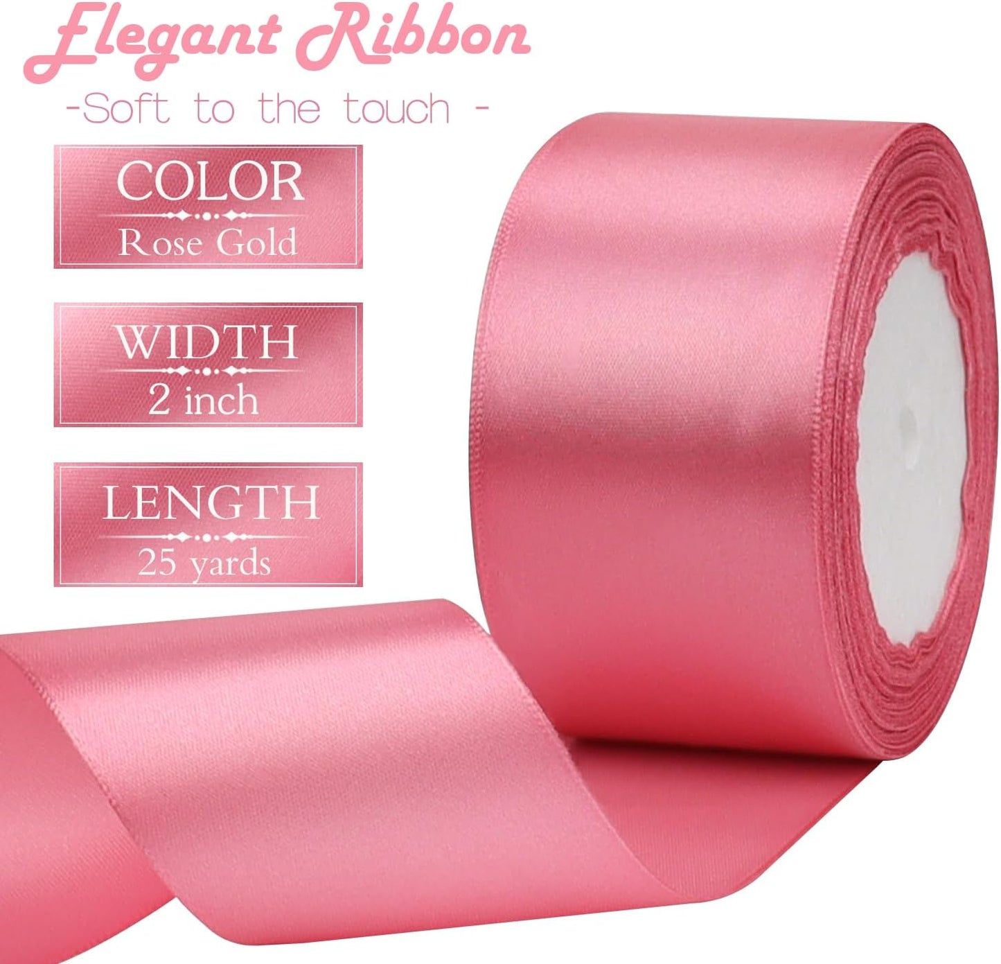 Rose Gold Solid Satin Ribbon 2 Inch 25 Yards Solid Polyester Fabric Ribbon for Gift Wrapping Wedding Christmas Baby Shower Birthday Party Decoration Handmade Immortal Flower Craft