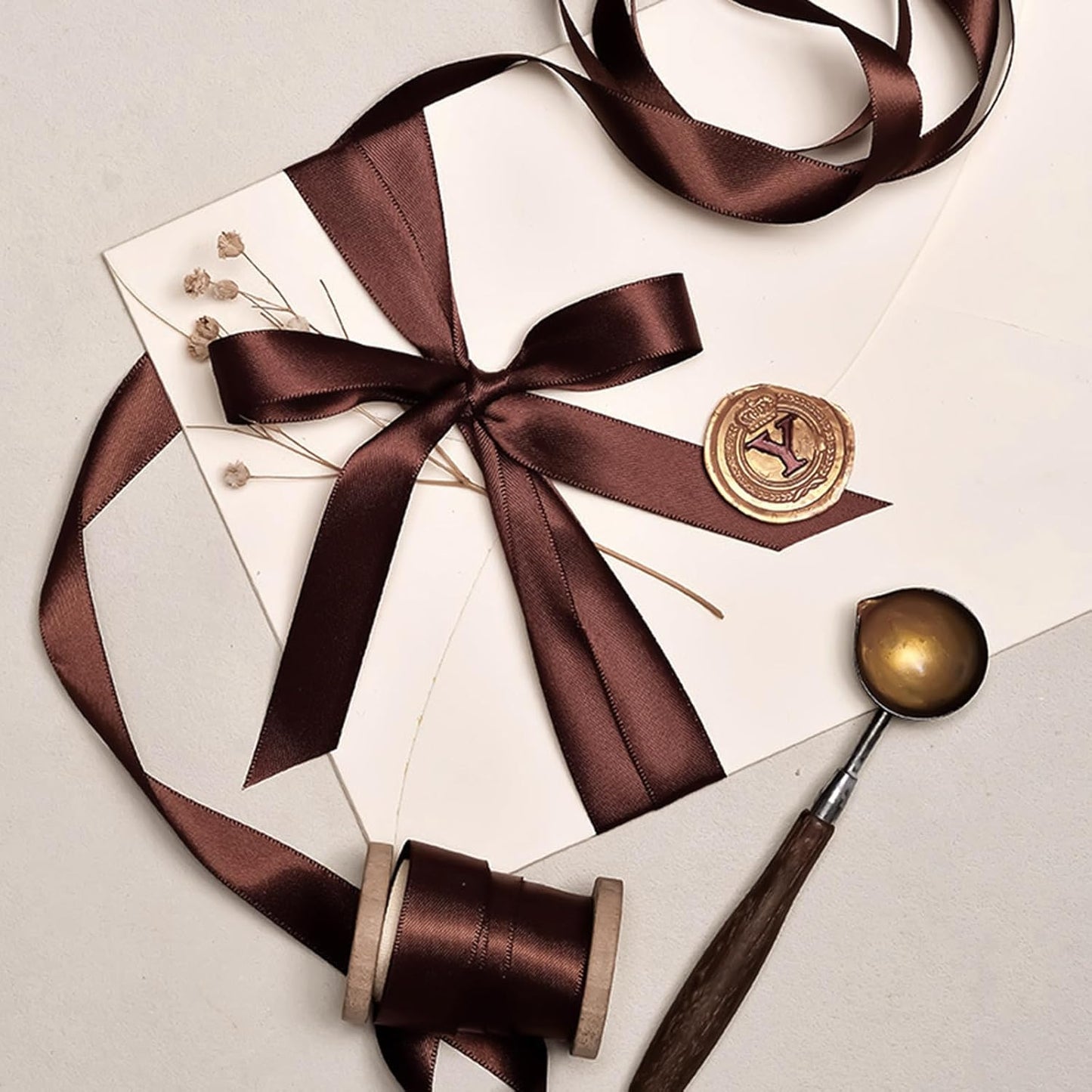 1" x 50 Yards Brown Satin Ribbon Single Faced Fabric Ribbons for Gift Wrapping, Crafting, Bows Making, Flower Bouquet, Wedding, Home Decor