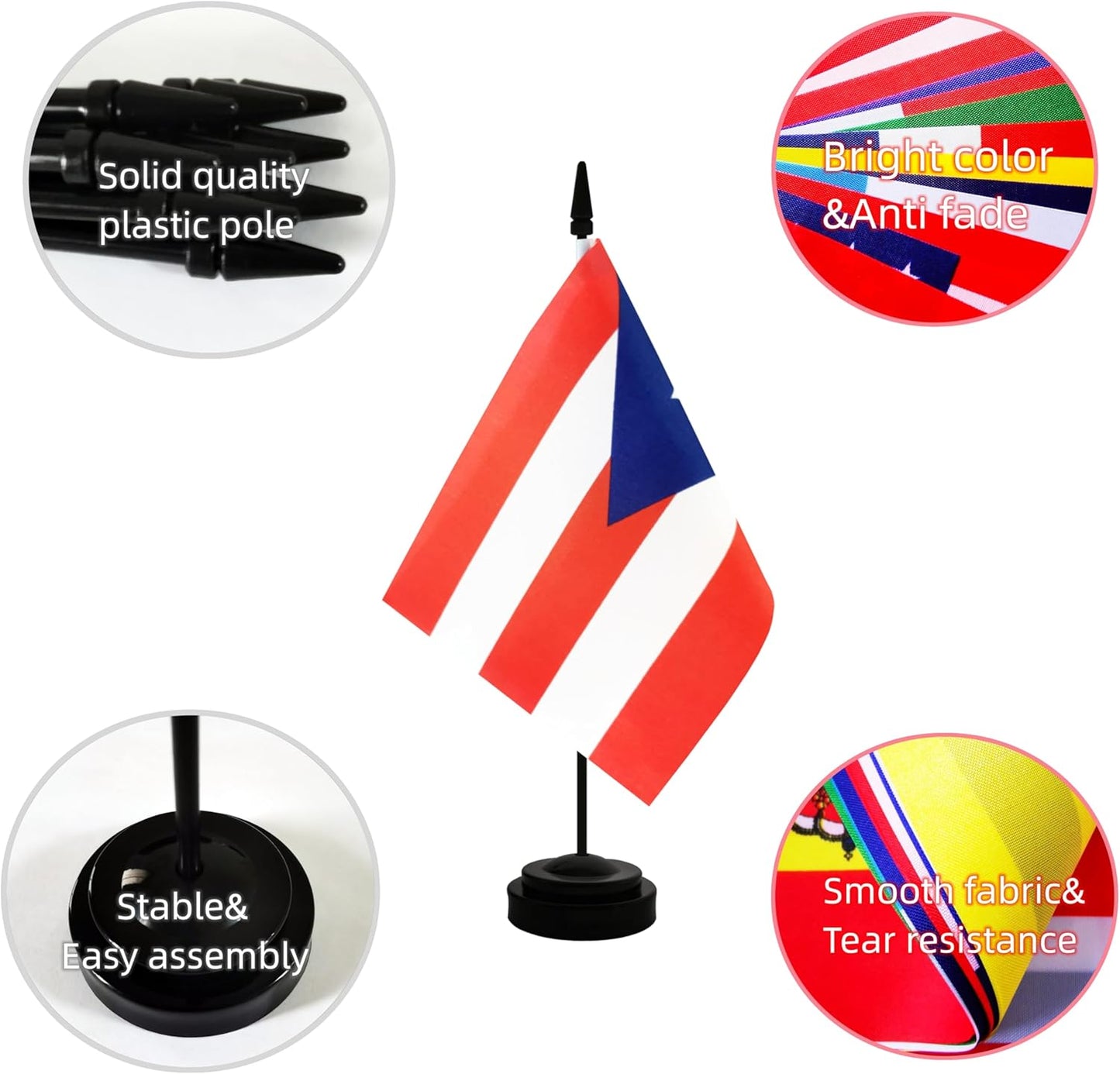 2 Pack Puerto Rico Desk Flag, International Country Flag with Solid Pole and Stand Base, Festival Celebration, Classroom Meeting Desktop Decoration