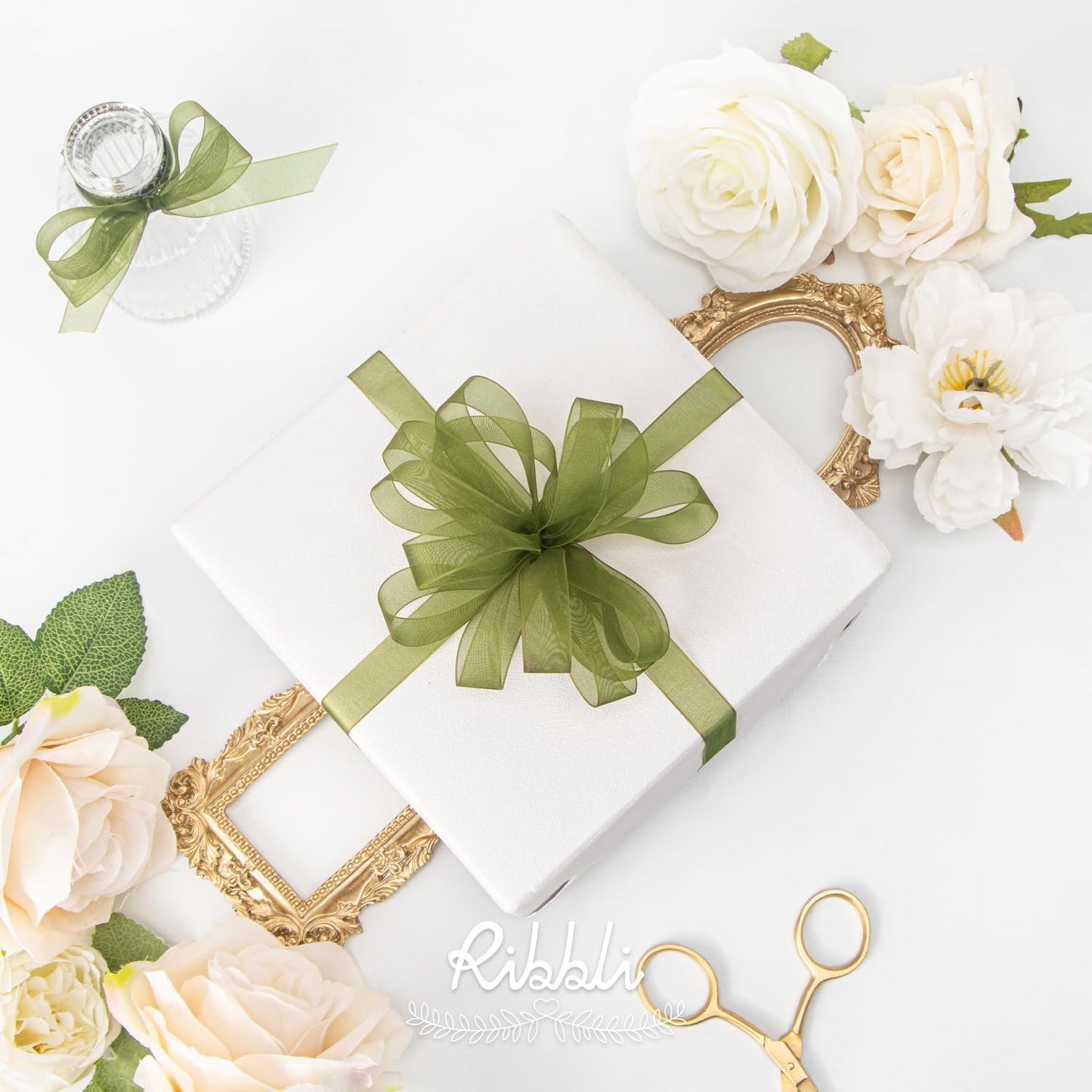 Ribbli Moss Green Organza Ribbon 1/2 Inches x Continuous 50 Yard Green Sheer Ribbon for Gift Wrapping,Cookie Wrapping,Wedding Decoration