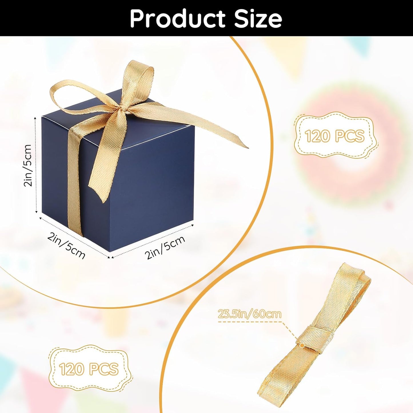 EUSOAR Favor Boxes, 120pcs 2x2x2 Inches Royal Blue Small Treat Boxes Mini Cookies Container with Gold Ribbon, Paper Cube Macaron Candy Box Soap Storage for Wedding Birthday Party DIY Supplies