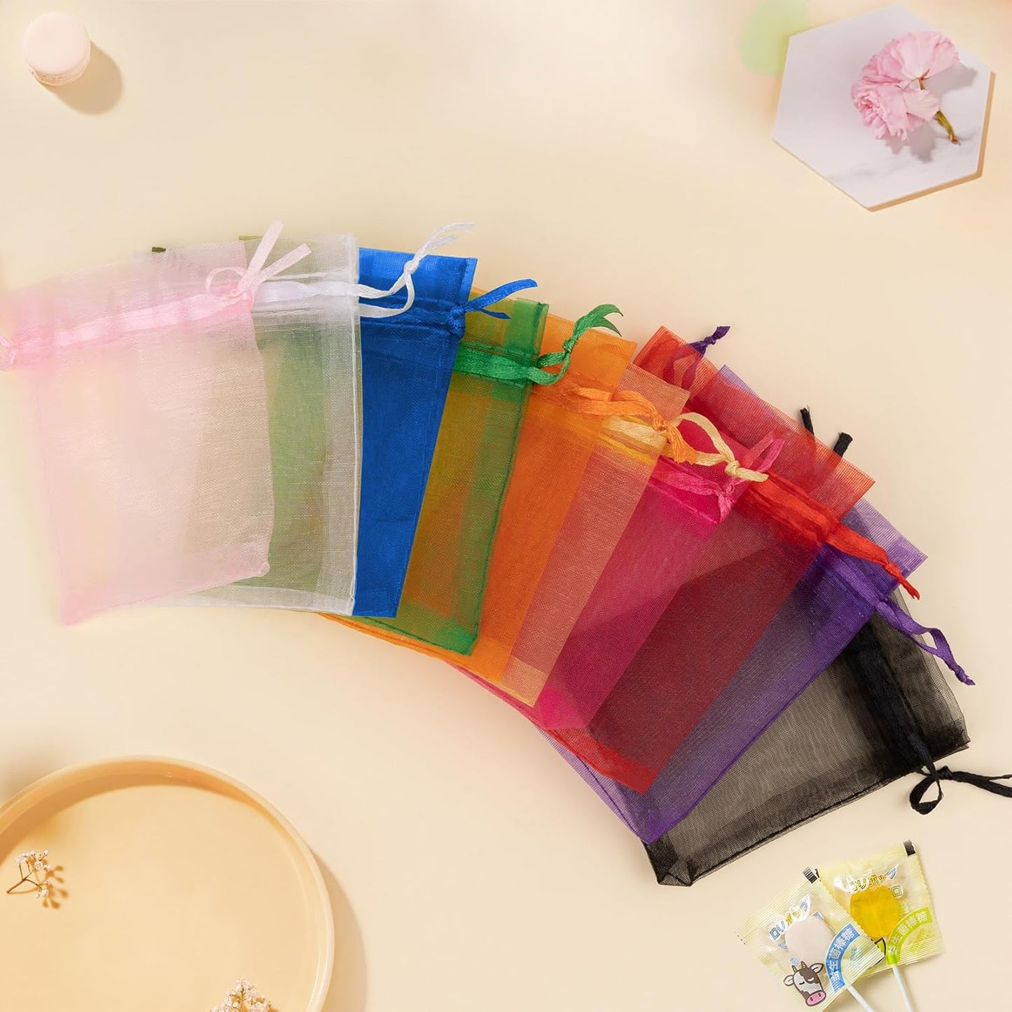 Organza Bags 3x4 Inch 50 Packs Small Mesh Gift Bags Drawstring Sachet Bags for Party Favor Wedding Baby Shower(Gold)