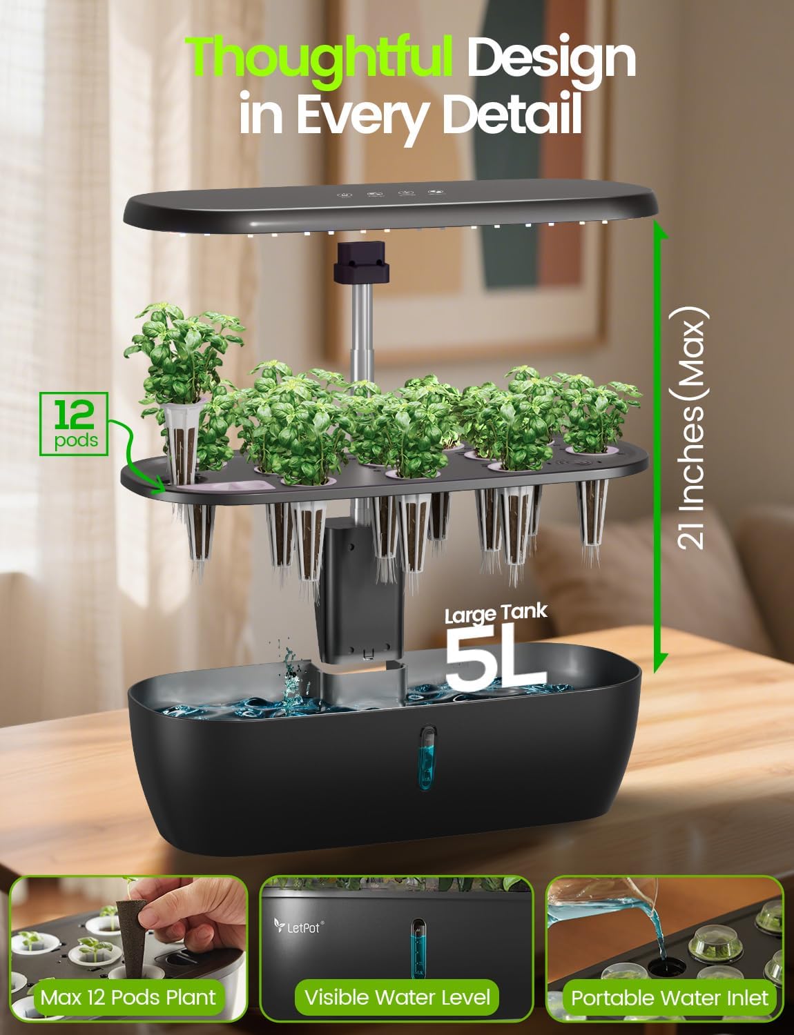 LETPOT Classic 12 Pods Hydroponic Growing System Kit, 24W Full-Spectrum LED Indoor Herb Garden, Dual Veg/Fruit Modes & 2-Level Brightness, Adjustable 21'' Stand & Quiet 5.5L Tank