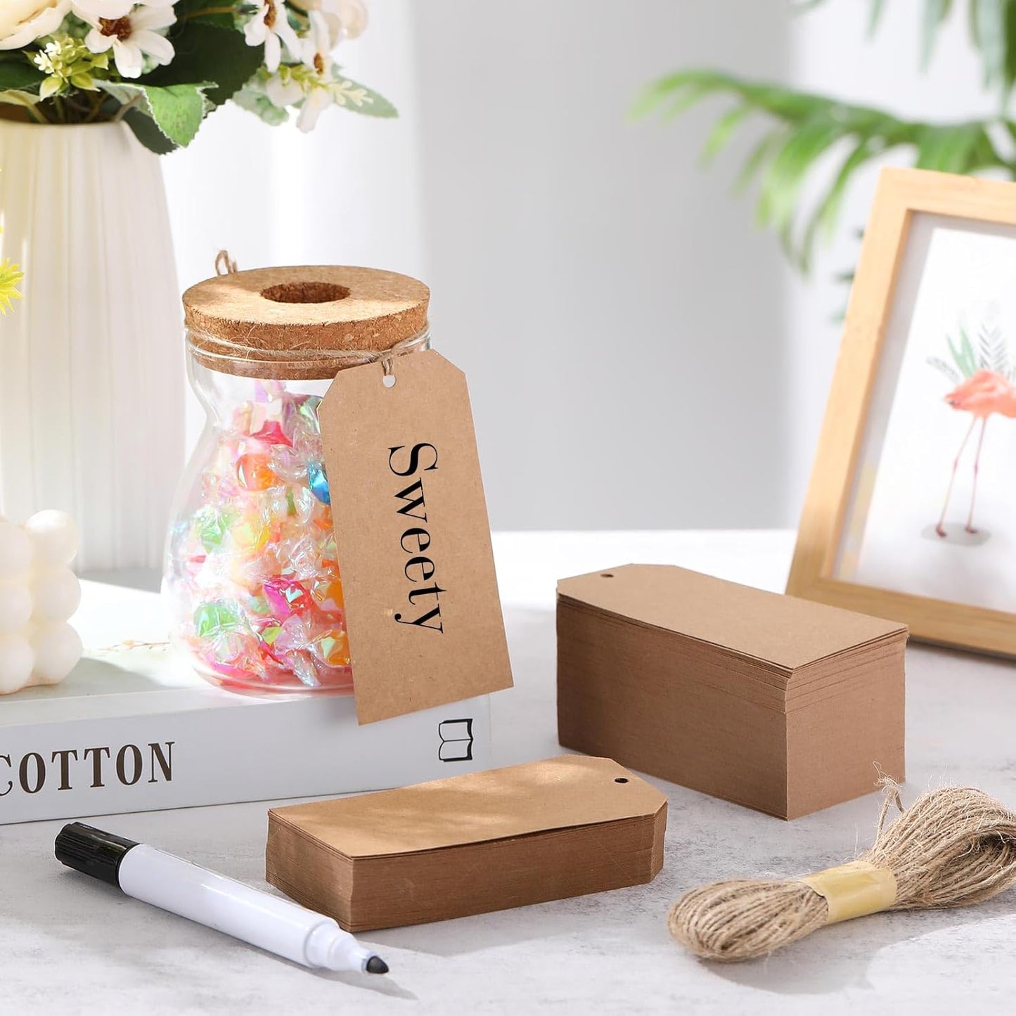 500 Pcs Kraft Paper Gift Tags with String 4.7" x 2.4" Cardboard Price Tag Name Tag Vintage Wedding Birthday Hang Brown Tags with Twine Blank Gift Tag for Wedding Birthday Holiday Art & Craft