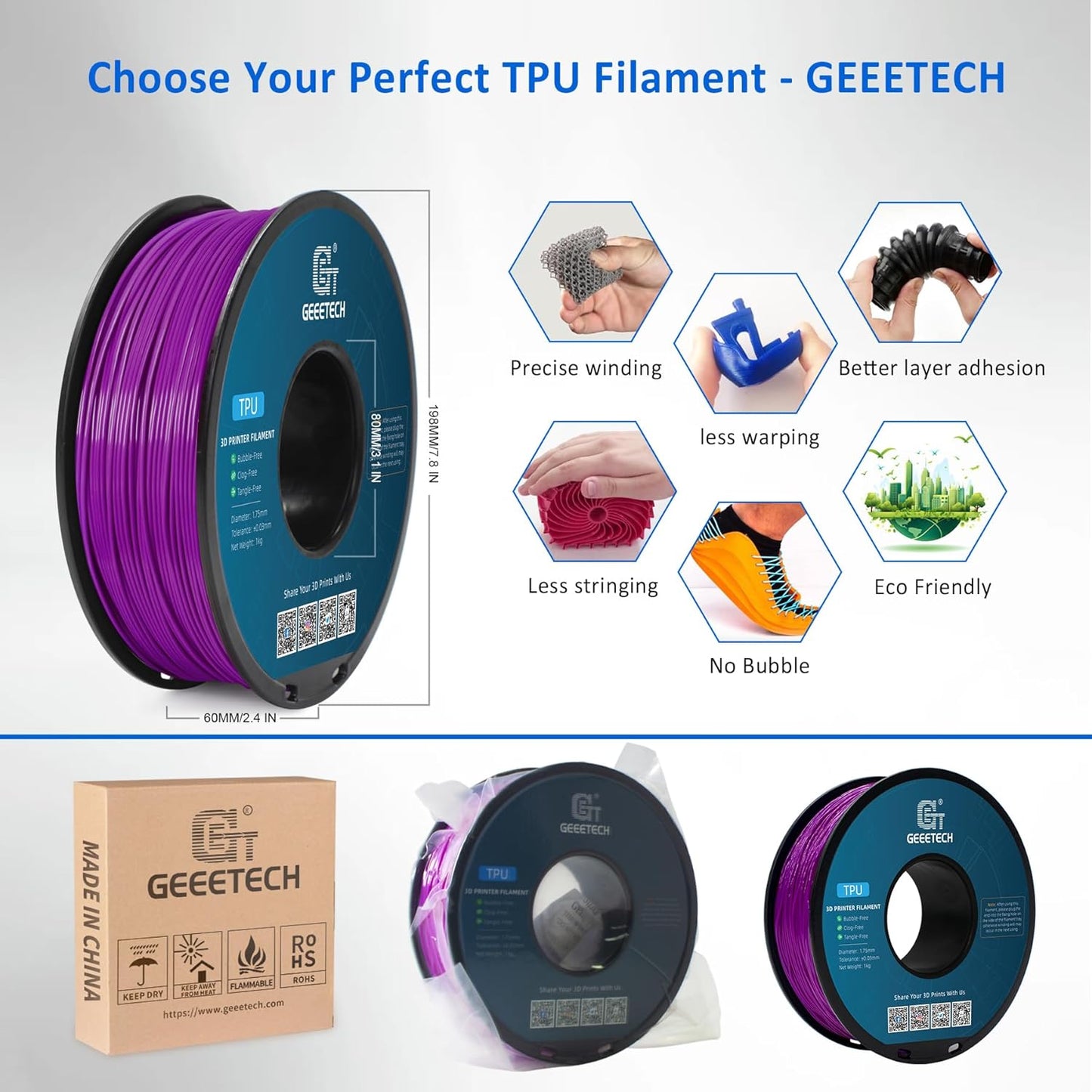 Geeetech TPU Filament 1.75mm – 95A Flexible 3D Printer Filament with High Elasticity, 1KG (2.2lbs) Spool, Dimensional Accuracy ±0.03mm, Fits Most FDM Printers (Purple)