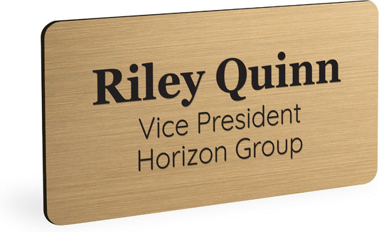 ExcelMark Custom Name Tag - Engraved Name Badge with Pin or Magnetic Backing, 16 Colors, 6 Fonts, and 2 Sizes to Choose from (Gold w/Black Letters, 1.5"x 3")