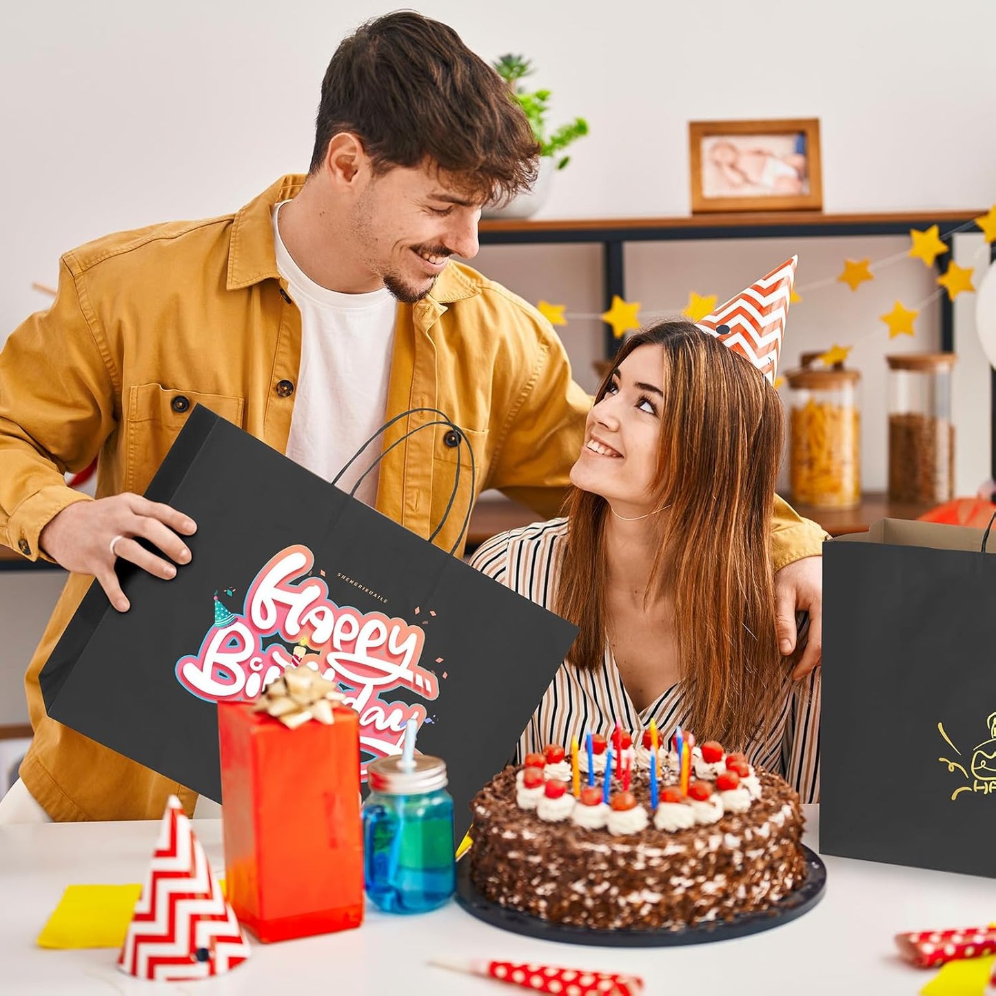 METRONIC 25 Pack Large Black Paper Gift Bags 16X6X12 Inches, Shopping Kraft Paper Bag with Handles, Small Business, Boutique, Gift Wrap, Bulk