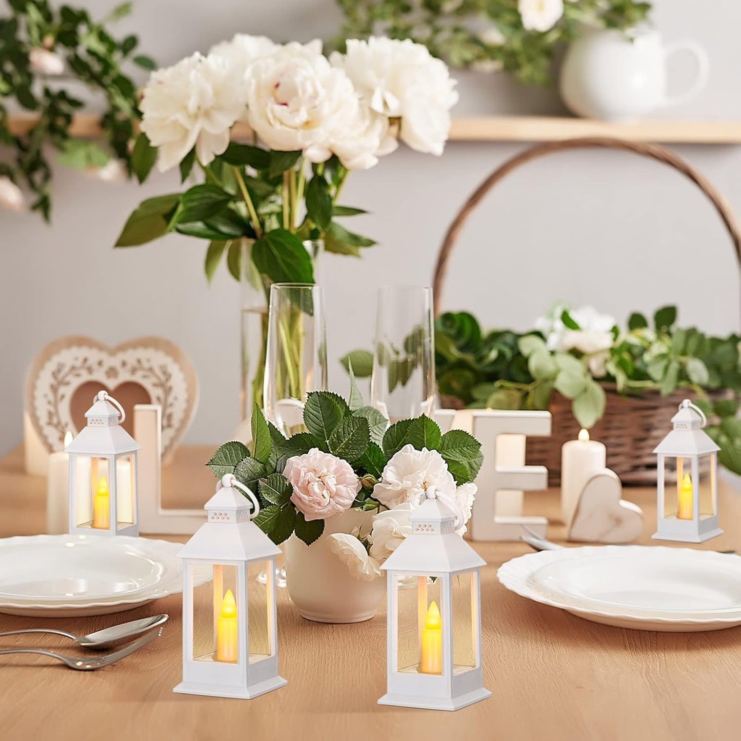 Hoolerry 24 Set Halloween Mini Lanterns with LED Candles 5.5'' Decorative Hanging Small Vintage Lantern Centerpiece Battery Powered for Wedding Table(White)