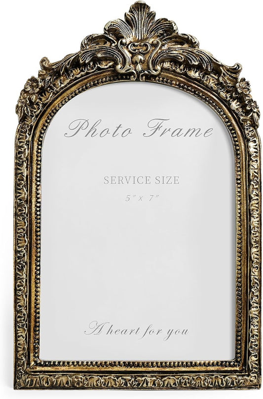 Cuspin Arched 5x7 Picture Frame Vintage Gold Frames, Bronze 5 by 7 Arched Picture Frame Hand-Crafted Resin with Glass Front Ornate Retro Antique Photo Frames for Wall and Tabletop Display Home Decor
