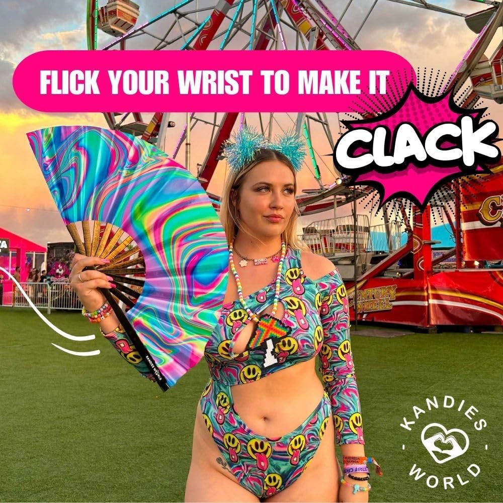 Kandies World UV Reactive Custom Festival Folding Hand Fan - Unique Designs, Made of Bamboo, Clacking Sound, Lightweight - Perfect Rave and Festival Accessory!