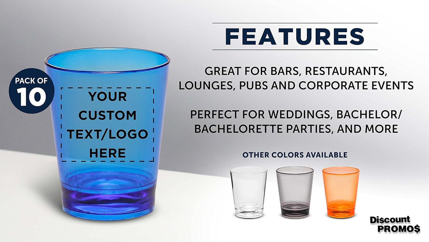 Custom Translucent Plastic Shot Glasses 1.5 oz. Set of 10, Personalized Bulk Pack - Acrylic, Great for Wedding, Party, Birthday, Gifts - Blue