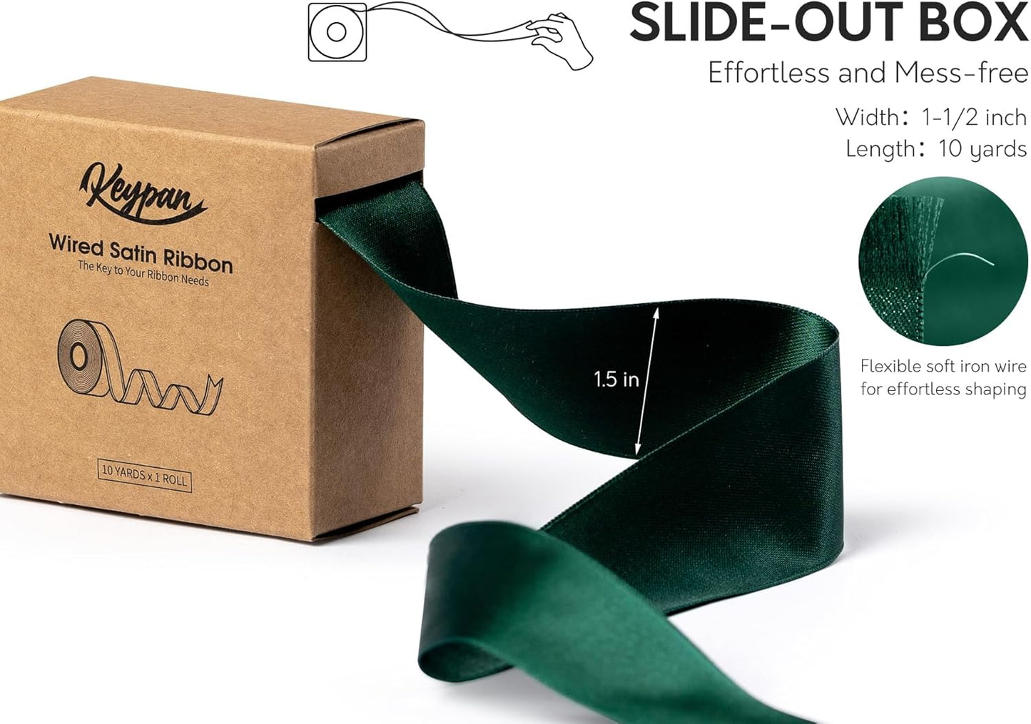 Green Satin Ribbon Double-Faced Wired Ribbons for Gift Wrapping Flower Bouquet Bows Wedding Invitation Christmas Decor Crafts 1-1/2 Inch 10 Yards