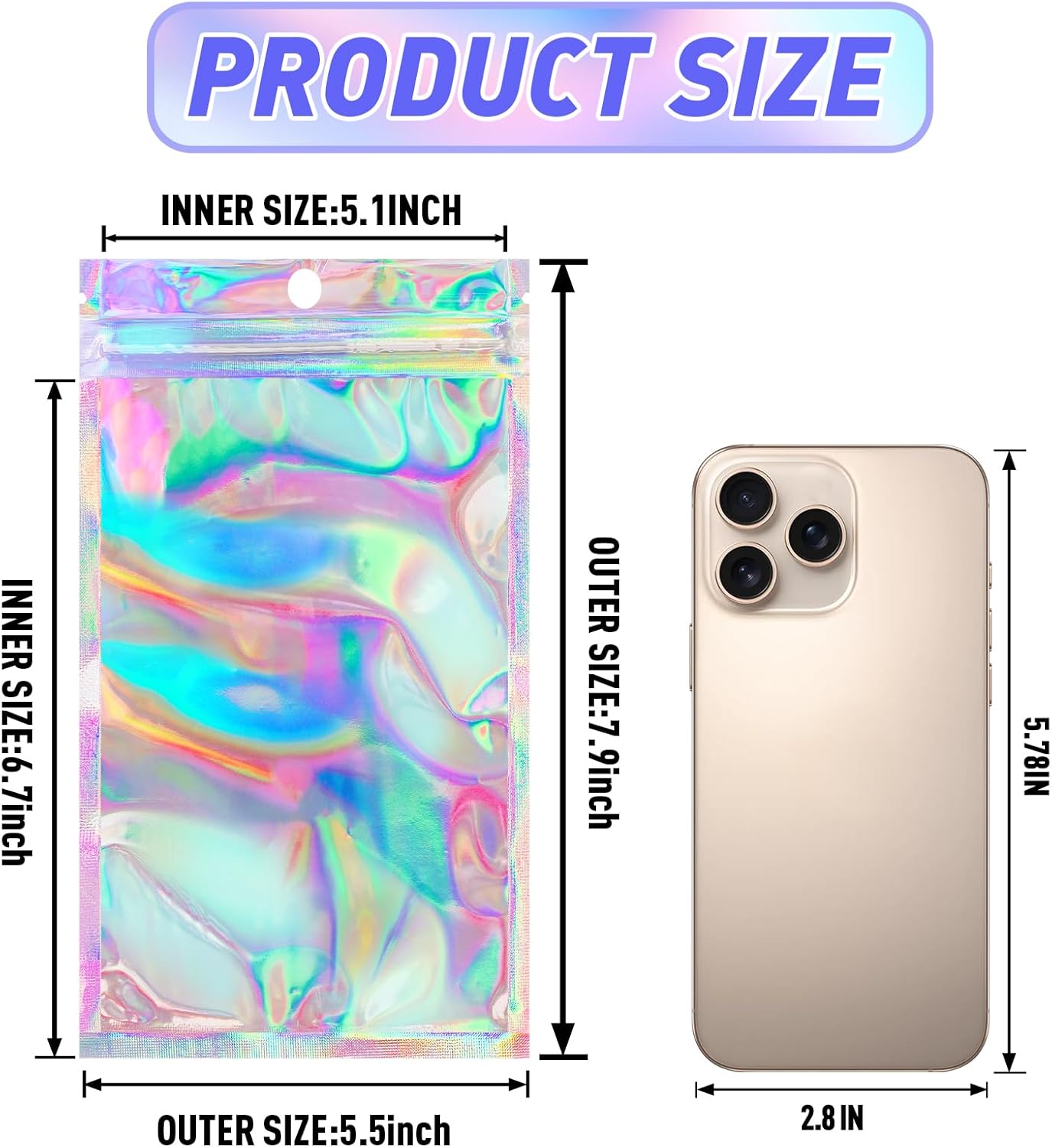 Funfery 50 pcs Mylar Holographic Bags Clear Window Resealable Bags,Foil Bag with Zipper,Sealing Pouch Smell Proof Packaging Bags for Food Storage,Candy,Party Favor Sample Business Supplies(5.5x7.9in)