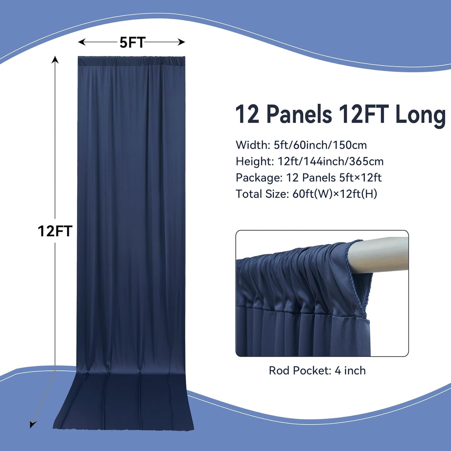 60×12ft Navy Blue Wrinkle Free Backdrop Curtain for Wedding Parties, 12 Panels 5×12ft Long Soft Silky Polyester Backdrop Drapes Photo Back Drop Curtains for Birthday Photography Background Cloth