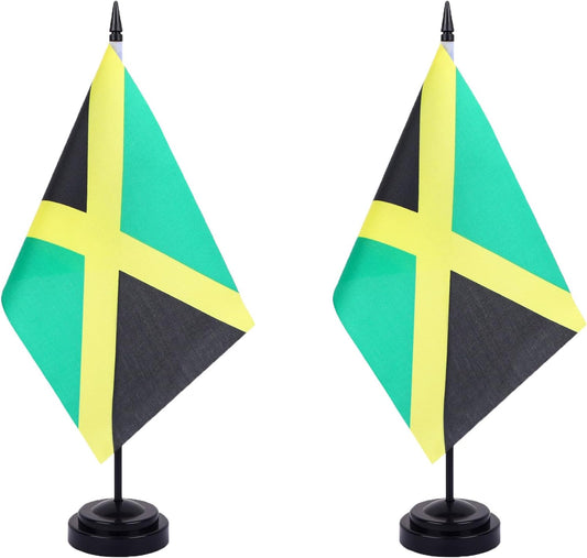 WXTWK 2 Pack Jamaica Flag Jamaica Deluxe Desk Flag Set - Mini Small Jamaican Table Office Flags with Black 12" Solid Pole Stand Base Classroom Meeting Desktop Decorations
