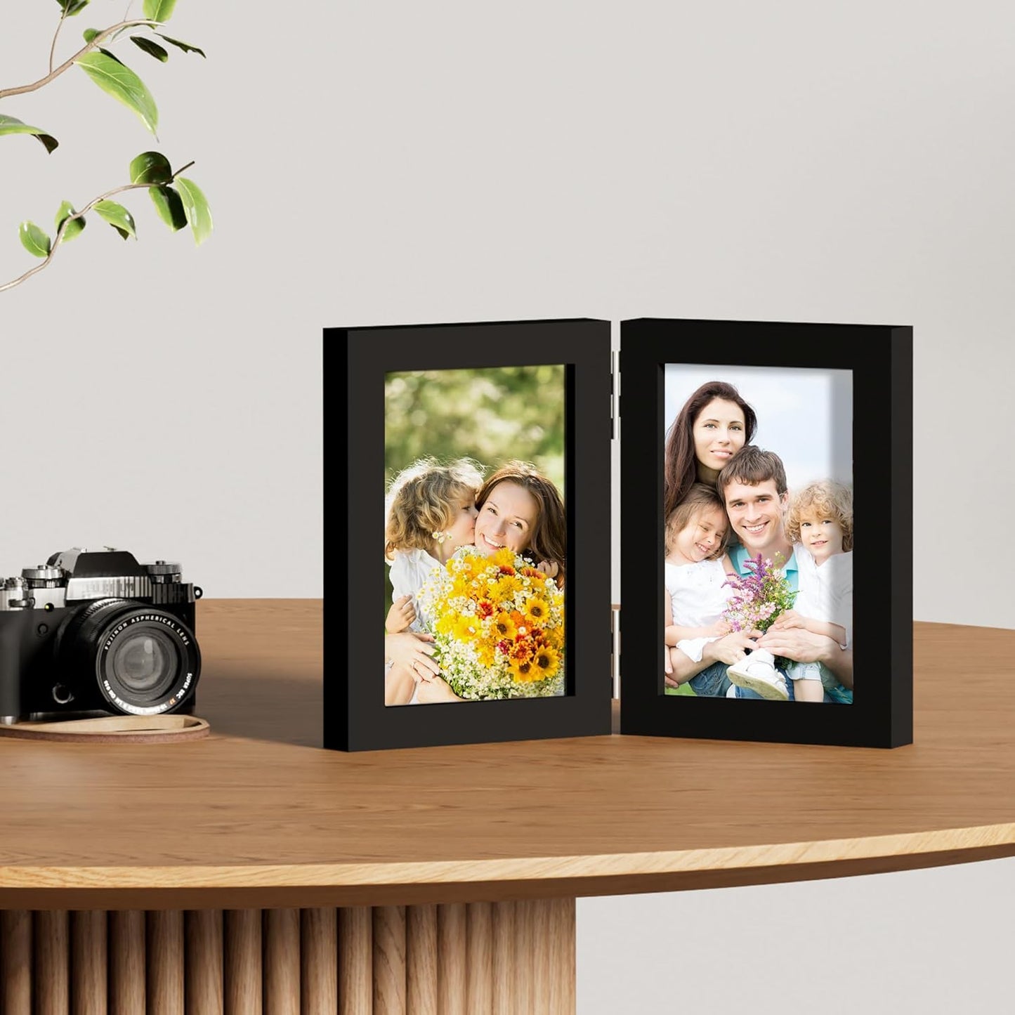 decorUhome Double 4x6 Picture Frame Vertical, Engineered Wood Bifold Photo Frame with Plexiglass for Tabletop Display, 4x6, Black