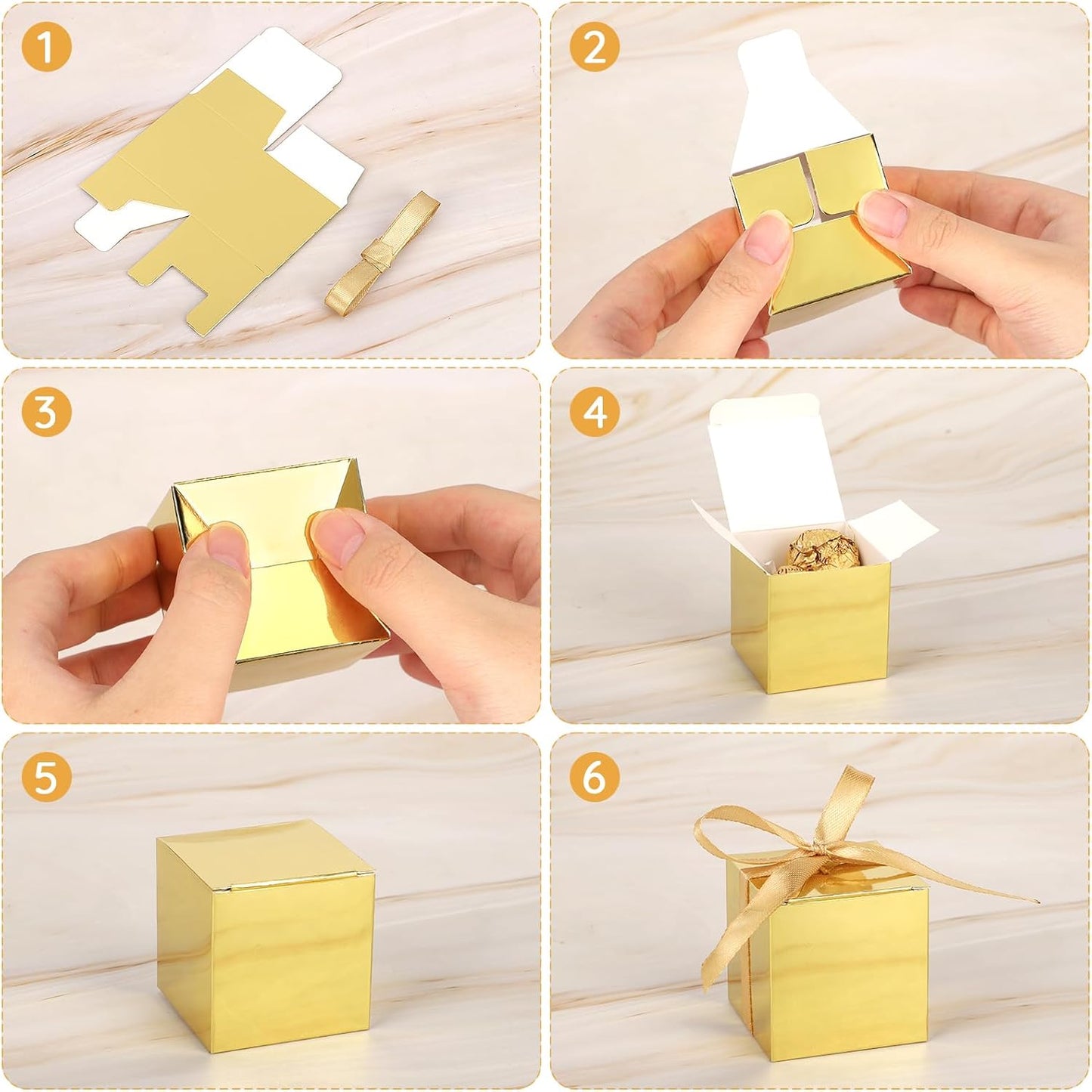 EUSOAR Small Gift Boxes with Lids, 60pcs 2x2x2 Inches Gold Candy Boxes Party Favor Box with Ribbons, Cube Chocolate Box Mini Muffins Bags Macaron Container for Wedding Party Advent Calendar DIY