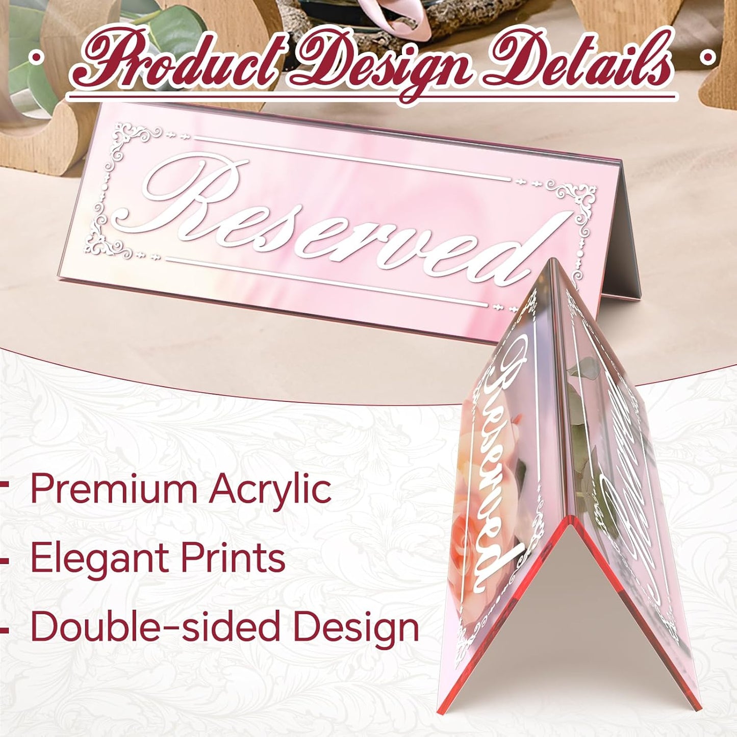 12 Pcs Mirrored Rose Gold Reserved Table Signs, 6" x 2" Double-Sided Letters, Acrylic Reserved Table Tent Signs with Suede Cloth for Wedding Restaurant Ceremony Banquet Parties