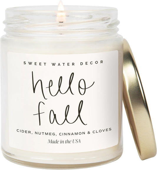 Sweet Water Decor Hello Fall Candle - Cinnamon Apples & Clove Autumn Fall Scented Candle for Home Decor - 100% Cotton Wick Soy Wax Candles with 40 Hour Burn Time - Made in The USA - 9oz Clear Jar